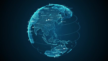Fototapete - Pixel 3D planet Earth with big data animation. Rotating globe, shining continents with floating numbers. Abstract cyber animation with depth of field and glow. 4K, loop, UHD ProRes
