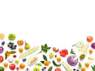 Wall Mural - Various vegetables and fruits isolated on white background, top view, flat layout. Concept of healthy eating, food background. Frame of vegetables with space for text.