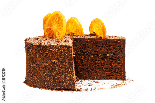 Chocolate Cake Decorated With Caramelized Orange Slices Isolated