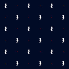 Seamless Vector Pattern With Seahorse And Red Dots In Blue Background. Marine Motif.