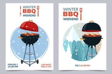 Winter BBQ party a4 invitation template. Barbecue weekend flyer. Grill illustration on snowy backdrop. Cartoon design for menu, poster, announcement. Vector eps 10.