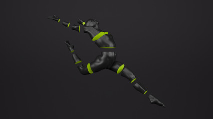 Abstract black plastic human body mannequin with lime green sliced body parts over black background. Action dance ballet pose. 3D rendering illustration