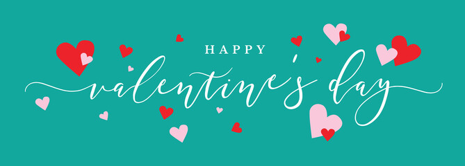 Wall Mural - happy valentine's day vector text calligraphy with pink and red hearts over green background