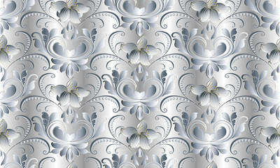 vintage floral white seamless pattern. vector damask background. 3d floral wallpaper with hand drawn