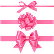 Set of decorative pink bow with horizontal pink ribbon for gift decor. Realistic vector bow and ribbon isolated on white