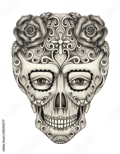 Cuadros en Lienzo Art Sugar Skull Day of the dead. Hand pencil drawing on paper.