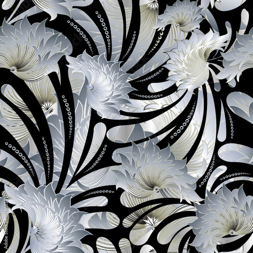 Floral Seamless Pattern Vintage Black White Background Ornate