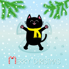 Merry Christmas. Black Laughing Cat Laying On Back. Making Snow Angel. Moving Paws. Fir Tree. Branch Spruce Cute Cartoon Funny Character Paw Print Track. Flat Design. Blue Snowflake Background.