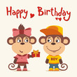 Happy birthday! Greeting card: funny monkey girl gives gift to boy monkey for birthday.