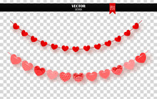 Garland Of Red Hearts On Transparent Background. Vector Illustration.