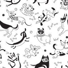 Playing Dogs Seamless Pattern. Funny Lap-dog, Happy Pug, Mongrels And Other Breeds. Vector Background For Design