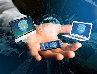 Poster - Security shield symbol over a network connection of different devices - Technology concept