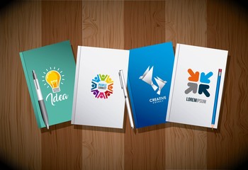 Poster - four diary and pens corporate identity template advertising business wooden background