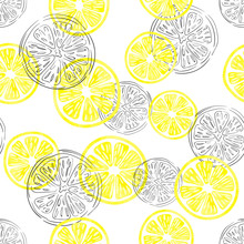 Seamless Lemon Pattern. Vector Background With Watercolor And Doodle Lemon Slices.