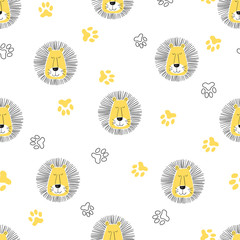 Seamless cute cartoon lion pattern. Vector illustration