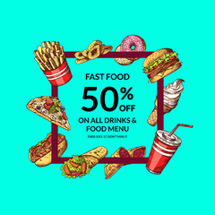 Wall Mural - Vector sale illustration with colored hand drawn fast food elements