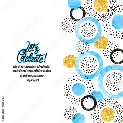 Celebration background with blue, golden and black circles. Vector border tem...