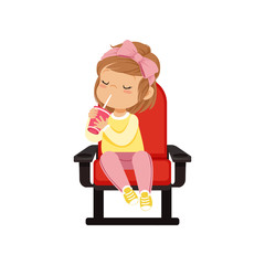 Wall Mural - Sweet little girl in 3d glasses sitting on a red chair, drinking soda and watching 3D movie in the cinema vector Illustration