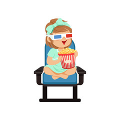 Canvas Print - Lovely little girl in 3d glasses sitting on a blue chair, eating popcorn and watching 3D movie in the cinema vector Illustration