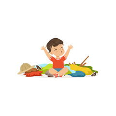 Canvas Print - Funny little bully boy sitting among scattered clothes, hoodlum cheerful little kid, bad child behavior vector Illustration