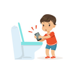 Canvas Print - Cute little bully boy throwing phone into the toilet, hoodlum cheerful little kid, bad child behavior vector Illustration