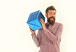 © be free - Surprise and holiday gift concept. Guy in plaid shirt