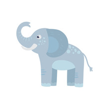 Funny Blue Elephant With Long Trunk, Big Ears And Spots On Back. Cartoon Wild Animal. Zoo Concept. Flat Vector Design For Kids Print, Sticker Or Toy Store Logo