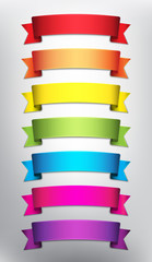 Set of 7 blank ribbon banners in bright colors. Colorful vector web ribbons. Isolated with realistic, transparent shine and shadow on the light background. Vector illustration. Eps10.