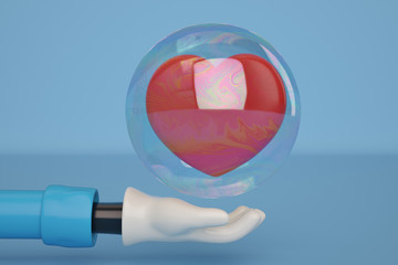 Fototapete - A cartoon hand and heart in bubble. 3D illustration.
