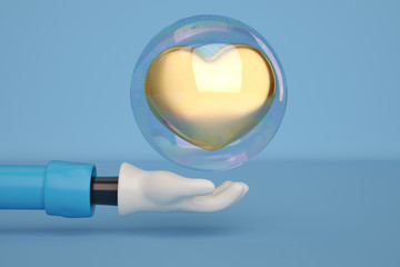 Fototapete - A cartoon hand and heart in bubble. 3D illustration.