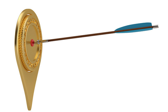 Arrow on gold pin icon.3D illustration.