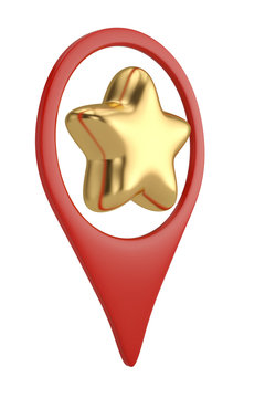 Gold star in position pin icon.3D illustration.