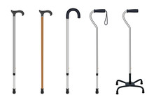 Set Of Walking Sticks. Telescopic Aluminum Cane, Elegant Wooden Walking Cane, Ergonomic Canes With Curved Handle, Cane - Quadpod. Medical Assistance And Rehabilitation. Isolated Objects. Vector