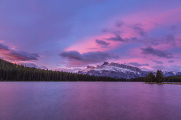 Rundle Mountain in Two Jack Lake ,Banff National Park at sunset.