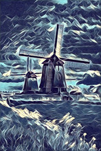 Windmill Old Retro Vintage Art Painting