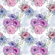 Floral seamless pattern with pink and blue poppies and grass in hand drawn sketh style. Romantic background on texture watercolor