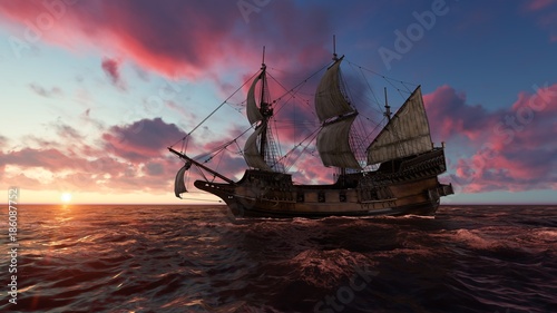Sailboat at sea in the evening at sunset 3d illustration
