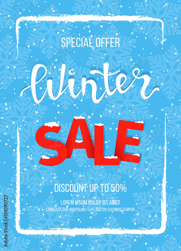 Winter Banner Poster Flyer Template In The Frame Of Snow On Winter Banner Poster Flyer Template In The Frame Of Snow On Blue Snowflakes Background Special Seasonal Offer Hand Lettering Inscription