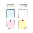 Hand drawn vector illustration of post it notes set on white background.
Color sheets of note paper with pin,clip,sticky tape.