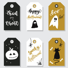 Set Of Halloween Gift Tags. Vector Illustration.