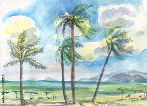 Plakat na zamówienie palmy na plaży - akwarela