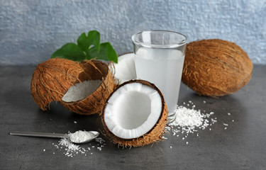 Poster - Composition with fresh coconut water on dark table