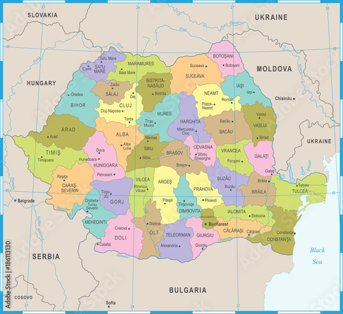 Cuadros en Lienzo Romania Map - Detailed Vector Illustration