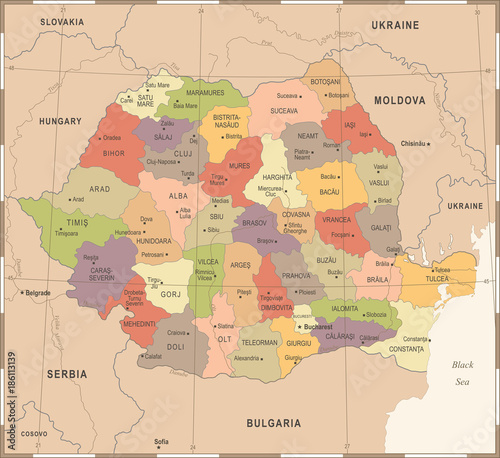 Fotomural Romania Map - Vintage Detailed Vector Illustration