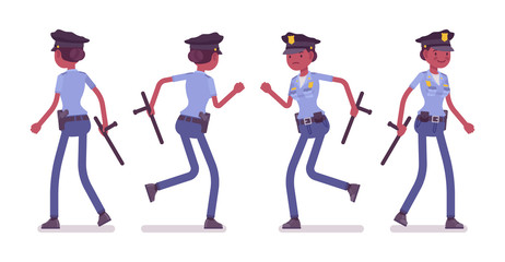 Wall Mural - Young policewoman walking and running