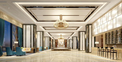 3d render of hotel lobby