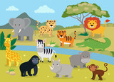 Fototapeta Pokój dzieciecy - Wild animals with landscape - cute cartoon vector illustration of crocodile, rhinoceros, elephant, giraffe, leopard, tiger, zebra, monkey, lion, hippo, monkey