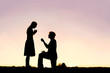 Silhouette of Young Man with Engagement Ring Proposing to Woman