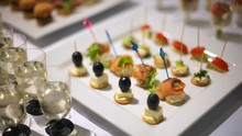Catering. Decorated Table, Kanape Salmon Sprinkled With Sesame Seeds, Stuffed