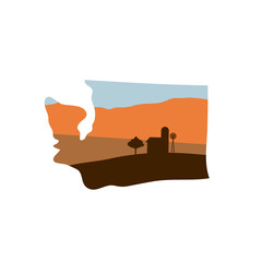 washington state shape with farm at sunset w windmill, barn, and a tree